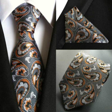 Kvalitná kravata a vreckovka - kravatový set so sivým vzorom