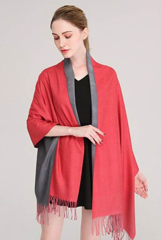 Luxusný dvojfarebný kašmírový šál v červeno-sivej farbe