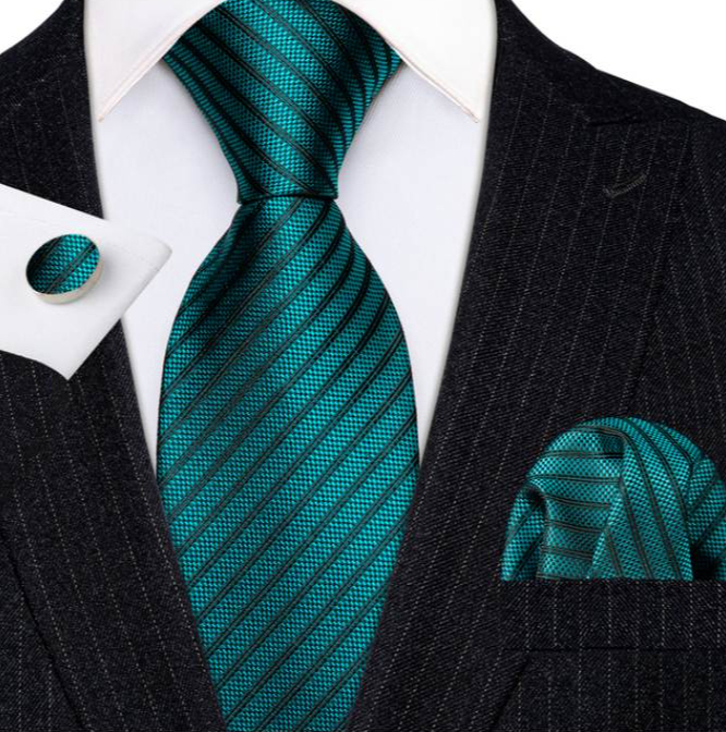 Kravatová sada so zelenými pásikmi - kravata + manžety + vreckovka