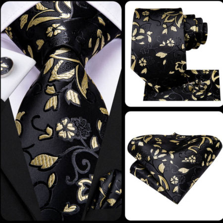 Luxusný kravatový set v čiernej farbe so zlatými kvietkami