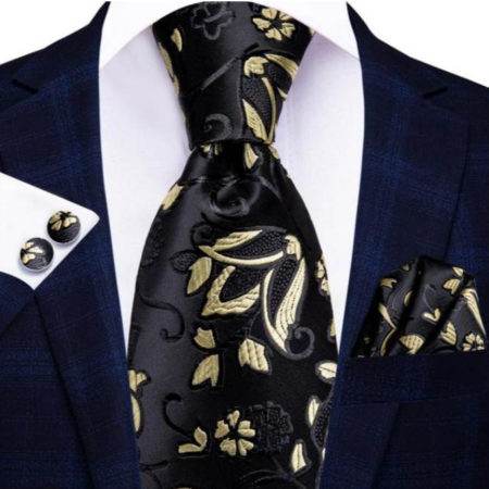 Luxusný kravatový set v čiernej farbe so zlatými kvietkami