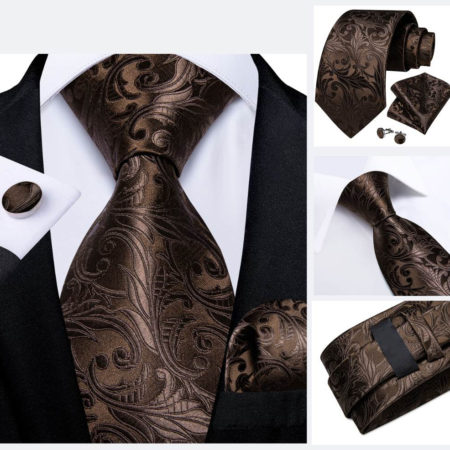 Hodvábna kravatová sada - kravata + manžety + vreckovka s hnedým vzorom