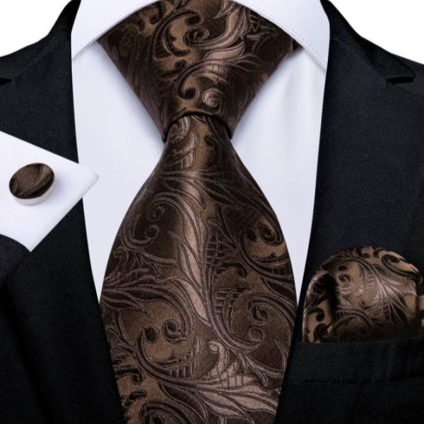 Hodvábna kravatová sada - kravata + manžety + vreckovka s hnedým vzorom