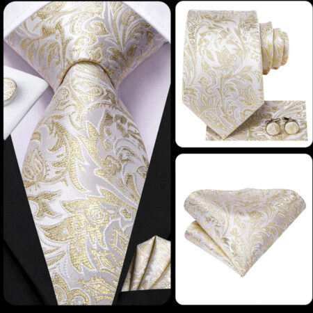 Hodvábna kravatová sada - kravata + manžety + vreckovka s krémovým vzorom