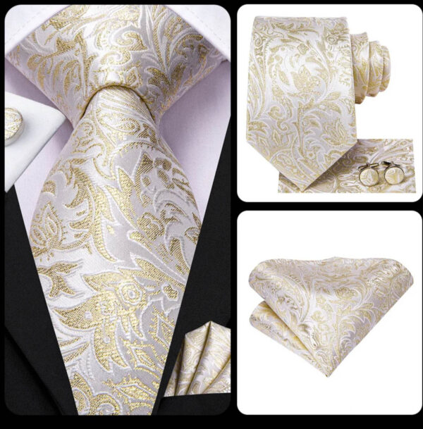 Hodvábna kravatová sada - kravata + manžety + vreckovka s krémovým vzorom