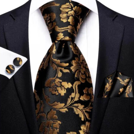 Hodvábna kravatová sada s manžetami a vreckovkou s kvetinovým vzorom
