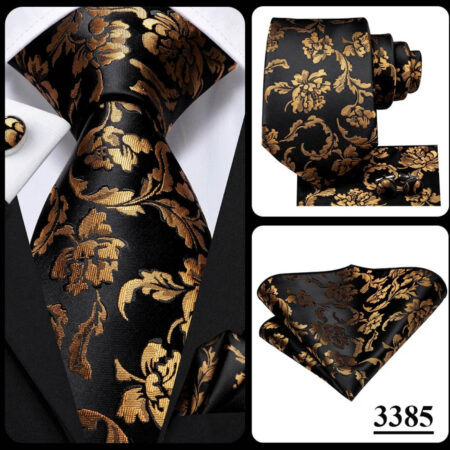Hodvábna kravatová sada s manžetami a vreckovkou s kvetinovým vzorom