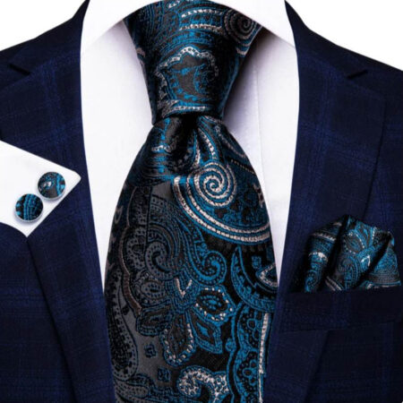 Hodvábna kravatová sada s manžetami a vreckovkou s modrým vzorom