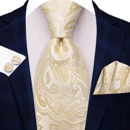 Hodvábna kravatová sada s manžetami a vreckovkou so zlatým vzorom