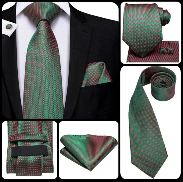 Hodvábny kravatový set s manžetami a vreckovkou s farebným vzorom