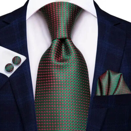 Hodvábny kravatový set s manžetami a vreckovkou s farebným vzorom
