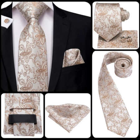 Hodvábny kravatový set s manžetami a vreckovkou s krémovým vzorom