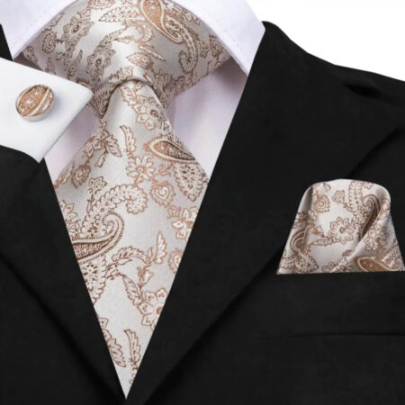 Hodvábny kravatový set s manžetami a vreckovkou s krémovým vzorom