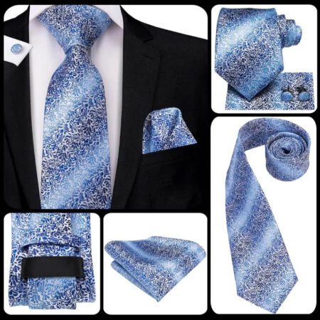 Hodvábny kravatový set s manžetami a vreckovkou s modrým ornamentom
