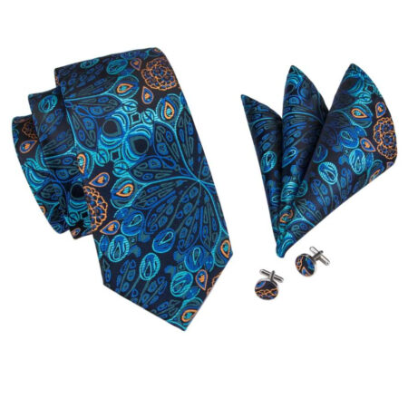 Kravatová sada s modrým dekorom - viazanka+ gombíky+ vreckovka