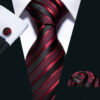 Luxusný kravatový set s červenými pásmi s vreckovkou a manžetami