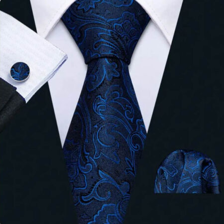 Luxusný kravatový set s modrým ornamentom s vreckovkou a manžetami