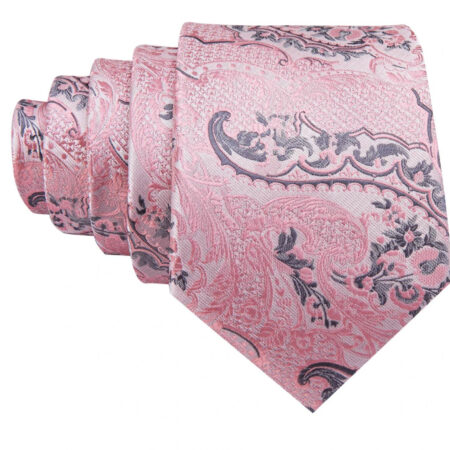 Luxusný kravatový set s ružovými ornamentami s vreckovkou a manžetami