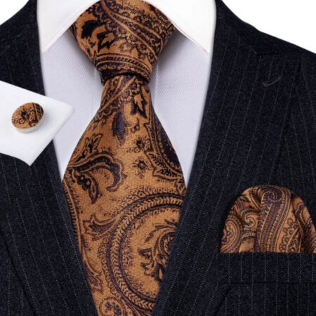 Luxusný kravatový set v medenej farbe s vreckovkou a manžetami