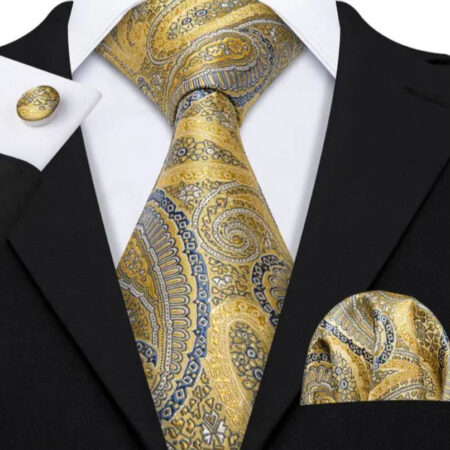 Žltý kravatový set so vzorom s vreckovkou a manžetami